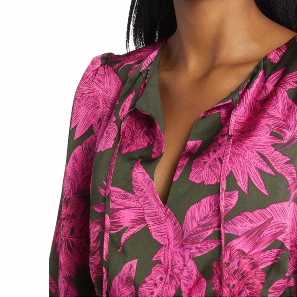 Sam Edelman Tropical Palm Mini Dress Smocked Waist Tiered Long Sleeve Pink Black